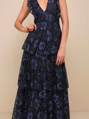Lulu's Navy Blue and Black Floral Lace Maxi Dress